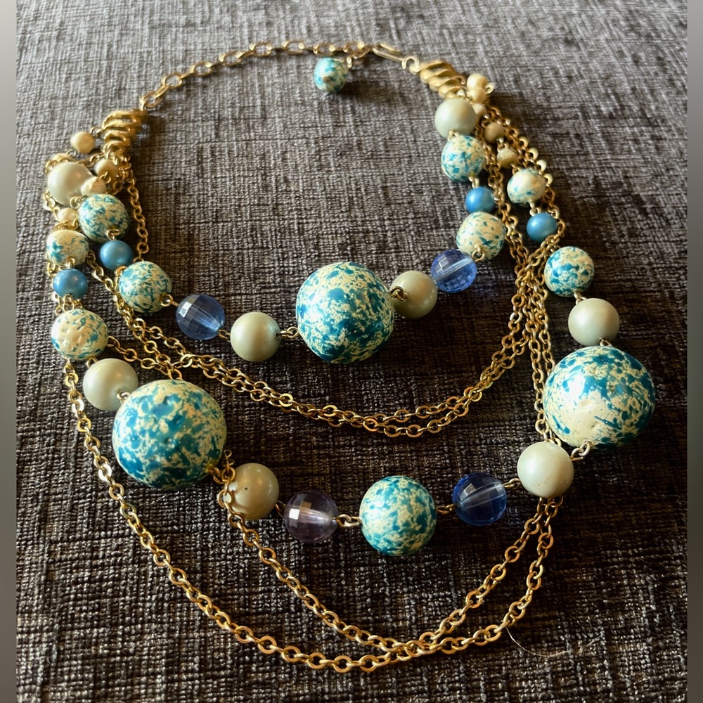 Vintage layered beads necklace in blue.